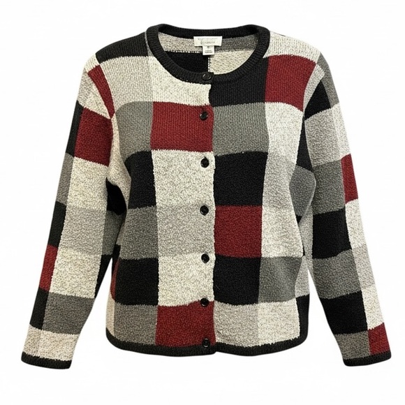 SOLD. Vintage Christopher & Banks Plaid Colorblock Button-Up Woman Cardigan - Picture 2 of 11
